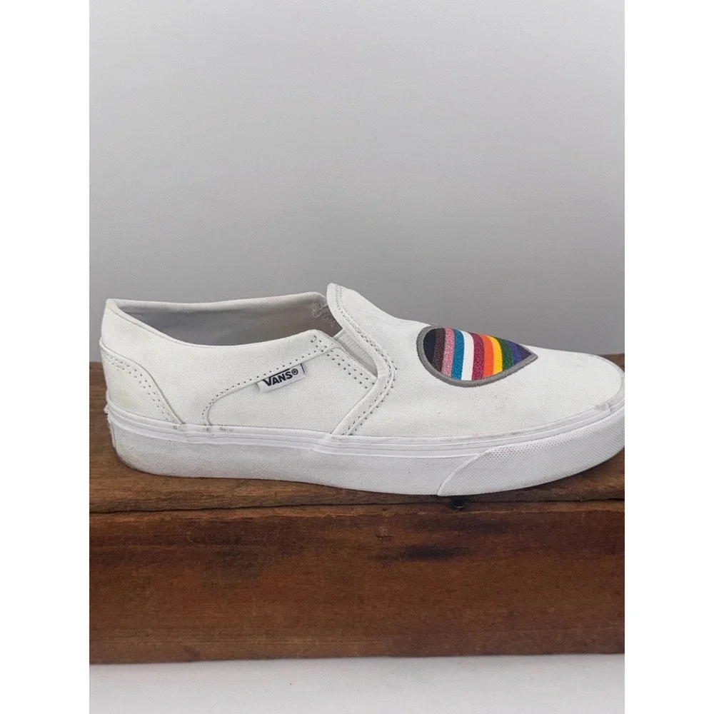 Vans Asher Slip-On Sneakers Womens 7 Pride White Glitter Rainbow Heart 721356